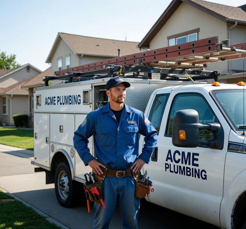Plumber standing by his Acme Plumbing service truck
